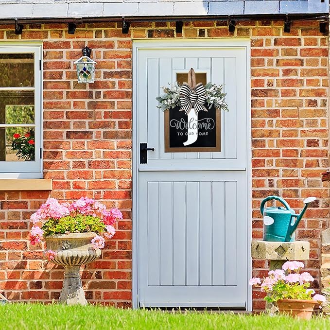Last Name Year Round Front Door Wreath Front Porch Decoration 26 Letter Welcome Sign with Eucalyptus Garland and Bow Spring Wreaths for Front Door Outside Hanger Garland（J）