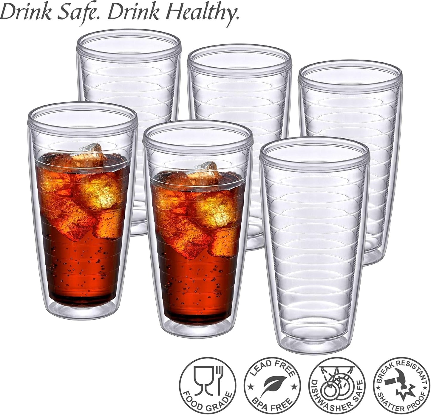Amazing Abby - Alaska - 24-Ounce Insulated Plastic Tumblers (Set of 6), Double-Wall Plastic Drinking Glasses, All-Clear Reusable Plastic Cups, BPA-Free, Shatter-Proof, Dishwasher-Safe