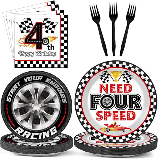 96Pcs Racing Car 4th Birthday Party Paper Plates and Napkins for Need Four Speeed Dessert Cake Plate Disposable Decor Racing Checkered Flag Tableware for Boy Kids Race Car 4 Years Birthday Decorations