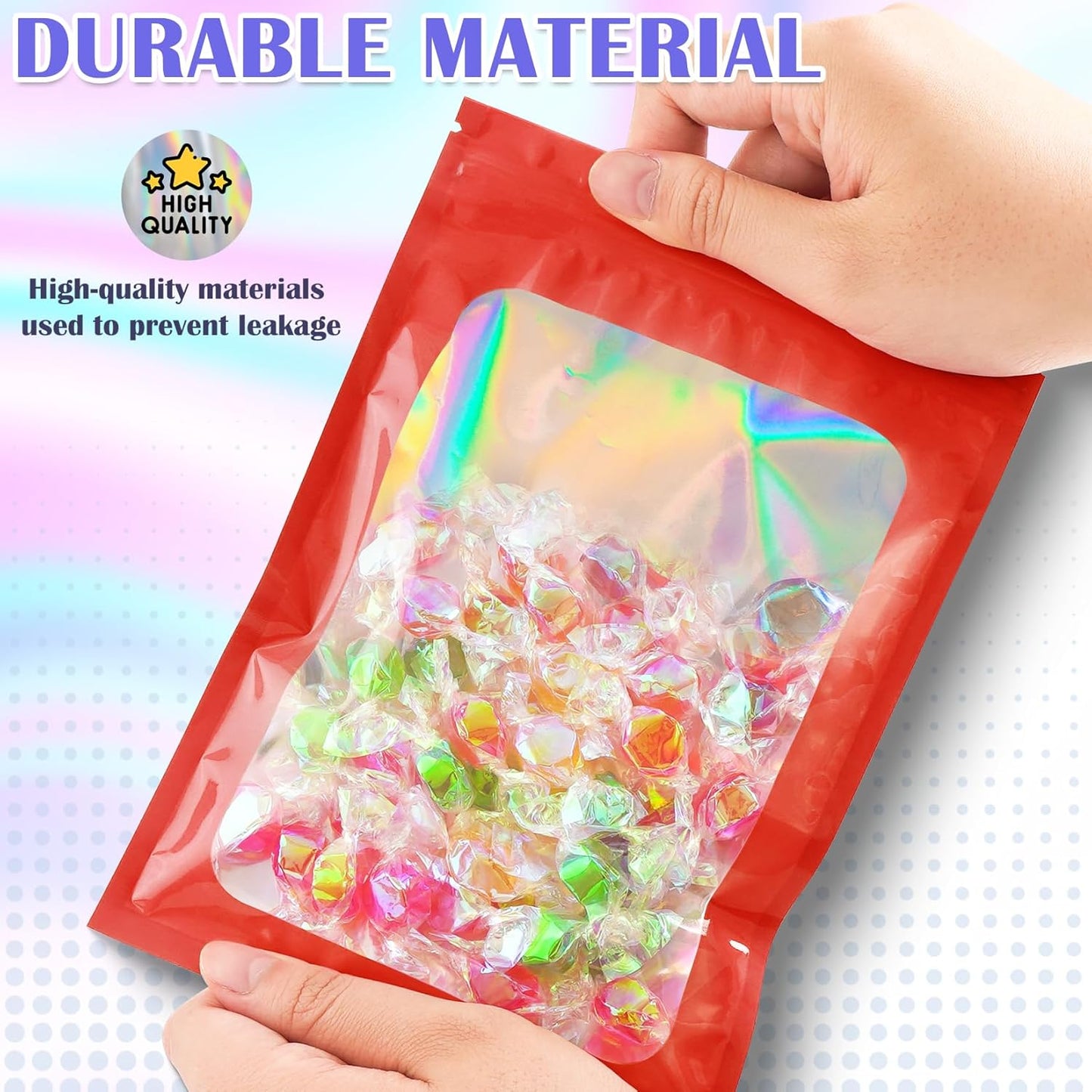 300 Pcs Mylar Bags, Smell Proof Bags Foil Pouch, Holographic Resealable Bags for Small Business, Candy Sample Jewelry Bag Sealable Packaging for Party Favor Food Storage (4x6in-Red)
