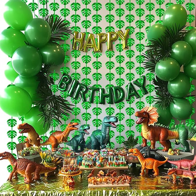 2 Packs Jungle Leaf Foil Fringe Curtain, Green Glitter Tropical Palm Leaves Metallic Tinsel Backdrop for Safari Birthday, Baby Shower, Hawaiian Aloha Luau Party Decorations Supplies