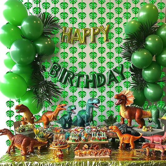 2 Packs Jungle Leaf Foil Fringe Curtain, Green Glitter Tropical Palm Leaves Metallic Tinsel Backdrop for Safari Birthday, Baby Shower, Hawaiian Aloha Luau Party Decorations Supplies