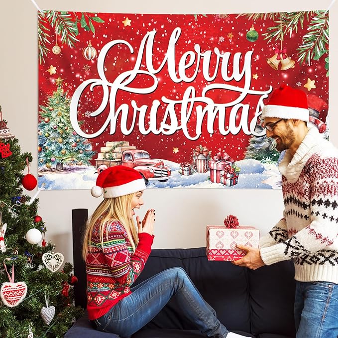 Large Christmas Banner Decorations Red Flag Outdoor 72x44 Inch, Merry Christmas Gifts for Indoor Home House Decor Party Supplies, Yard Sign Background for Photography