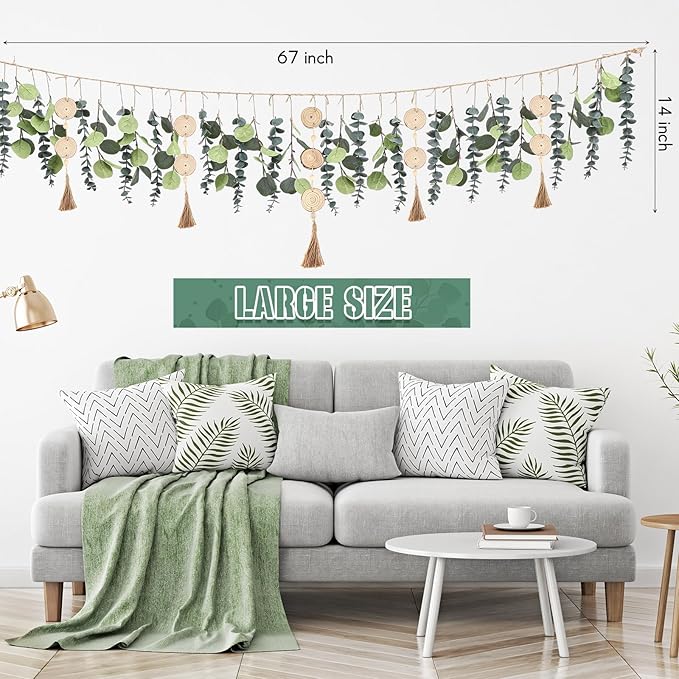 Juexica Artificial Hanging Eucalyptus Wall Decor Boho Bedroom Wall Decor with LED String Light for Home Office Farmhouse Nursery Bathroom Kitchen(Wooden Bead)