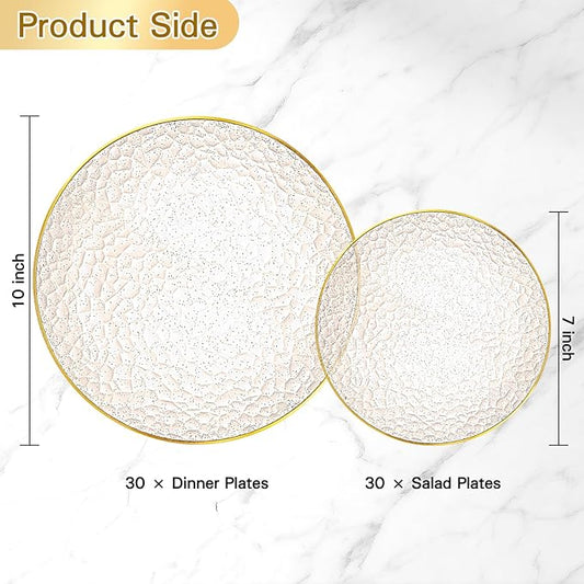 Rubtlamp 60Pcs Clear Gold Plastic Plates, Gold Glitter Disposable Plates, Hammered Plastic Plates Included 30 Dinner Plate And 30 Dessert Plates for Party