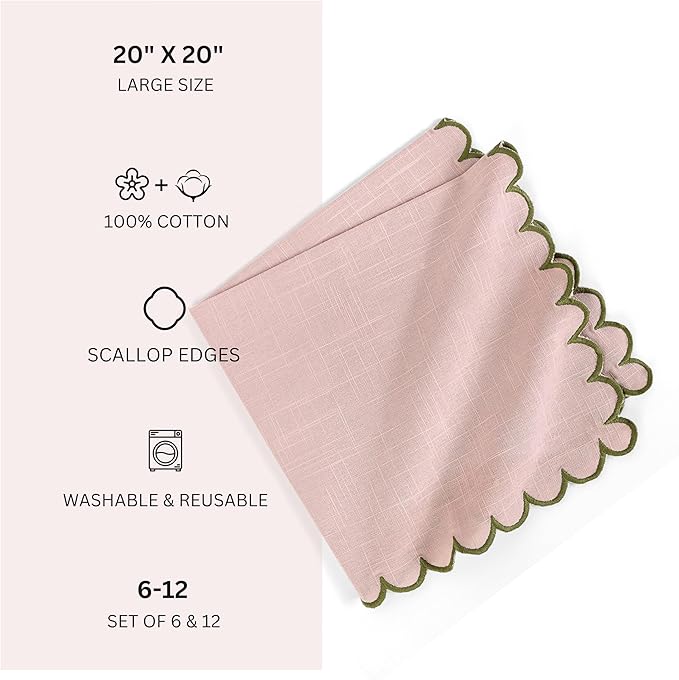 FINGERCRAFT Cloth Napkins, Everyday Use Scallop Design, Premium Quality Cotton Napkin Set of 6 Perfect for Parties Dinners Weddings Easter Napkin Cloth 20x20 inch Pink/Olive Green