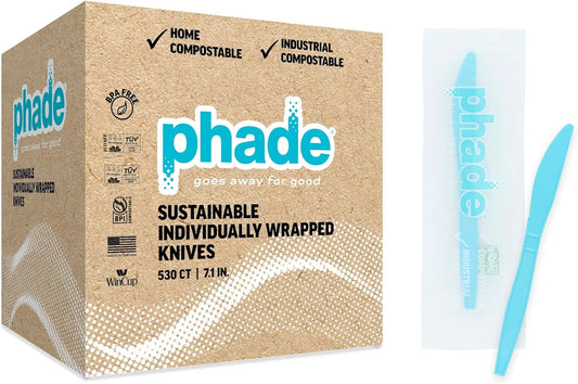 phade 100% Compostable Knives – BPI Certified Wrapped Cutlery in Compostable Packaging, 530 Bulk Count, 7.1 Inch Sustainable Disposable Utensils for Events, Takeout, Home – Made in USA