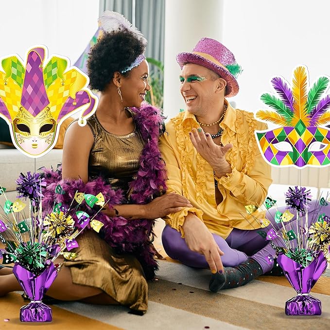 6 PCS Mardi Gras Table Centerpieces Metallic Plastic Carnival Decoration Centerpiece Glitter Foil Masquerade Party Table Decor with Carnival Cutouts for Festival Home Table Party Supplies Decor