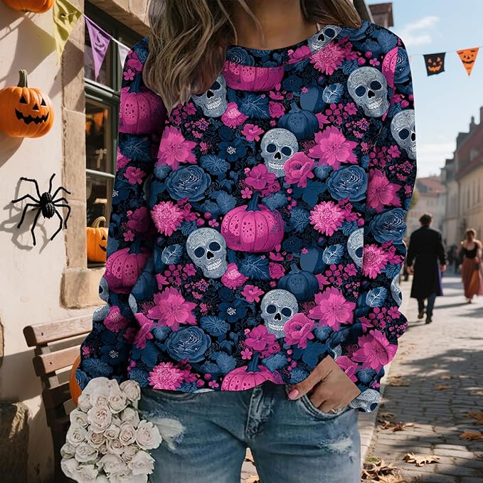 LIZALIG Pullover Cute Sweatshirt Orange Skeleton Fall Festive FunWomens Design Bat Holiday Party Outings Pumpkin Print