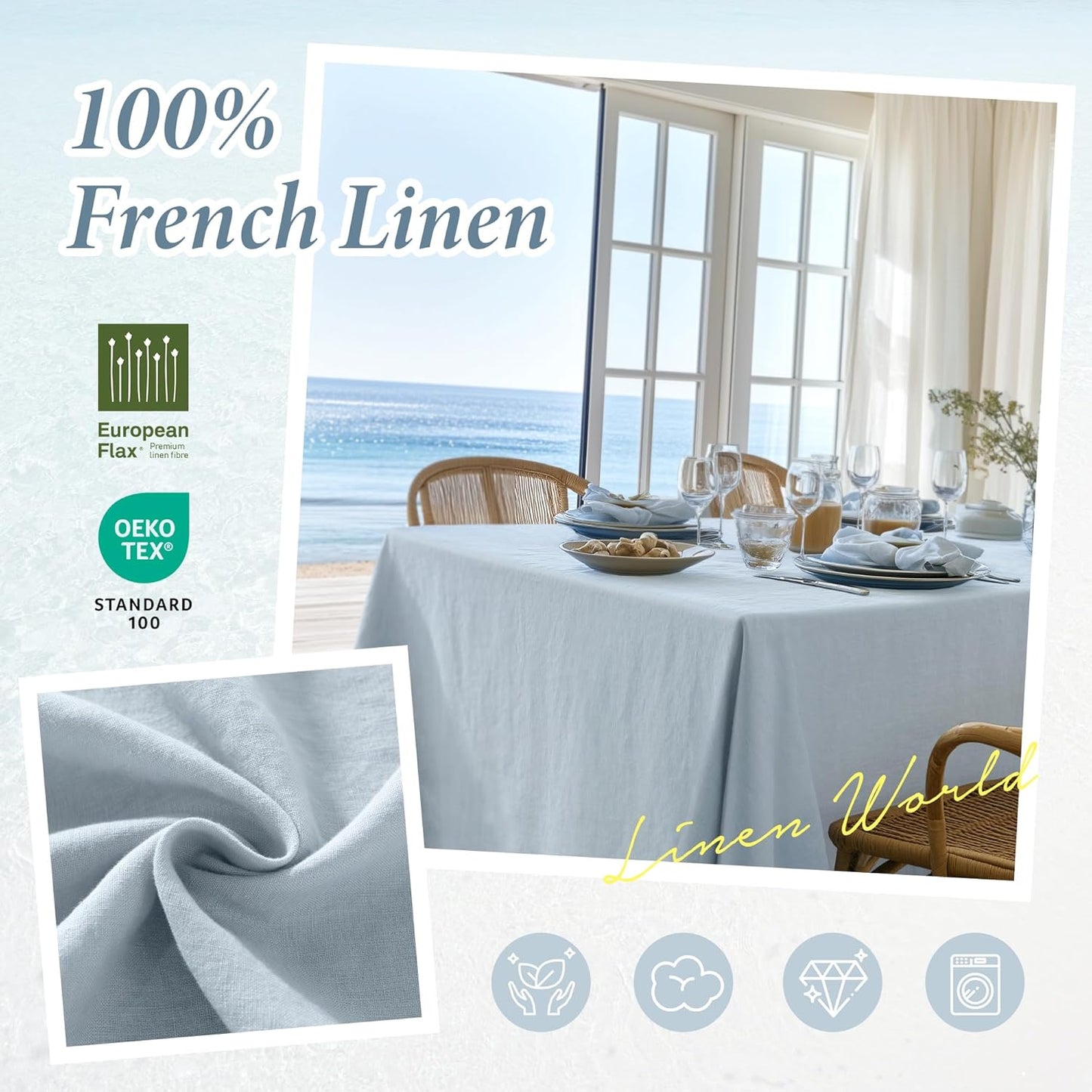 Linen World Blue Linen Tablecloth - 100% French Linen Table Cloth 132" x 90" Inch,Washable Rectangular Tablecloth for Dining,Outdoor,Weddings and Restaurants,Decorative Thanksgiving Christmas