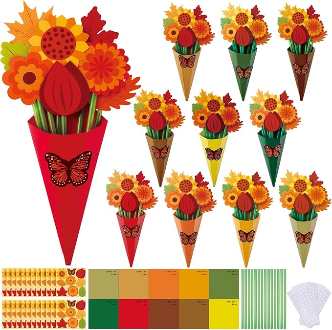 FULAIERGD 32 Set Fall Paper Flower Crafts DIY Autumn Thanksgiving Flower Bouquet Craft Kit-Make Your Own Thankful Florals for Party School Teacher Appreciation Week Thanksgiving Gift