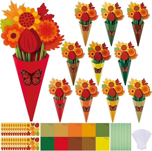 FULAIERGD 32 Set Fall Paper Flower Crafts DIY Autumn Thanksgiving Flower Bouquet Craft Kit-Make Your Own Thankful Florals for Party School Teacher Appreciation Week Thanksgiving Gift