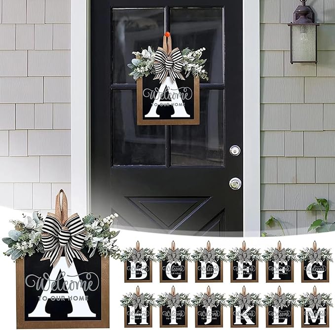 Last Name Year Round Front Door Wreath Front Porch Decoration 26 Letter Welcome Sign with Eucalyptus Garland and Bow Spring Wreaths for Front Door Outside Hanger Garland（A）