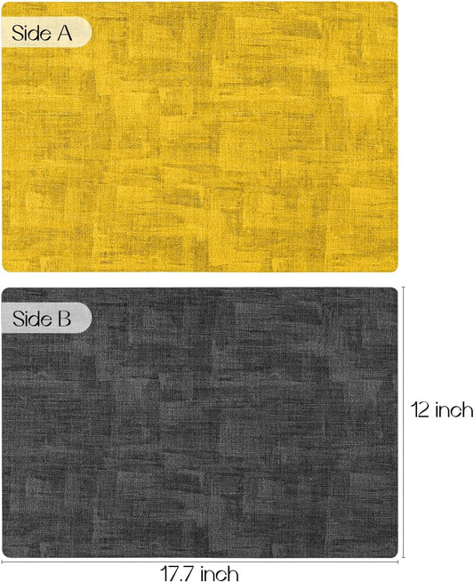 Romanstile Reversible Vinyl Placemats Set of 4, Faux Leather 100% Waterproof Oil-Proof Wipeable Place Mats, Heat Resistant Dual Sided Table Mats for Kitchen/Dining/Party (Grey Yellow, 12 x 17 Inch)