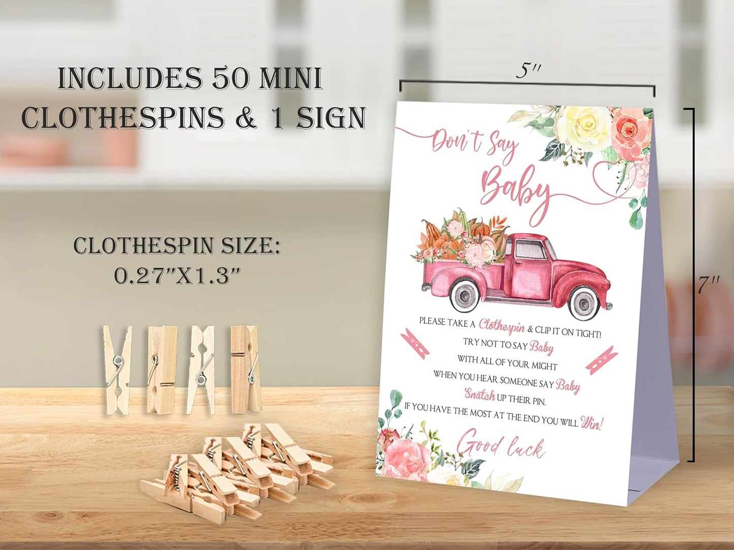 Don't Say Baby Baby Shower Game,Little Pumpkin Truck Baby Shower Decorations,Rustic Baby Shower Decorations,Neutral Baby Shower Decorations,Baby Shower Game Ideas,1 Sign & 50 Mini Clothespins Set-B18