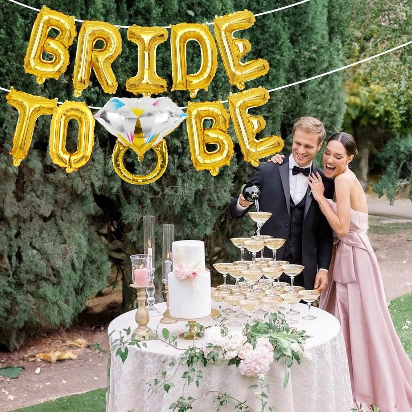 Bachelorette Party Decorations, Gold Bride To Be Bridal Shower Letter Balloons Banner with Engagement Diamond Ring Mylar Foil Balloon for Wedding Photo Booth Hen Night Room Party Decor