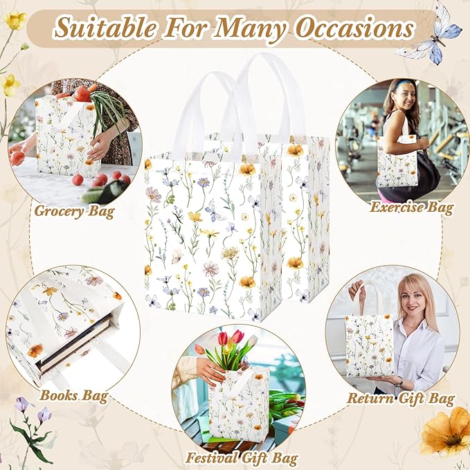 Supervitae 24 Pack Wildflower Butterfly Gift Bags Medium Floral Party Favor Bags Reusable Totes Non Woven Goodie Totes for Spring Summer Wedding Birthday Baby Shower Family Travel(9.8" x 7.9" x 3.9")