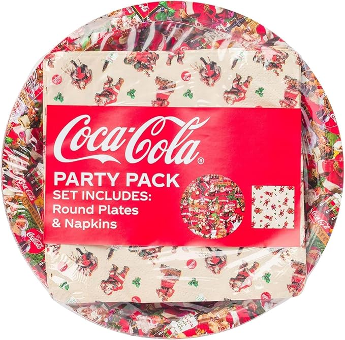 Silver Buffalo Coca-Cola Vintage Santa Christmas Collage 32 Pack Partyware Disposable Paper Plates and Napkins