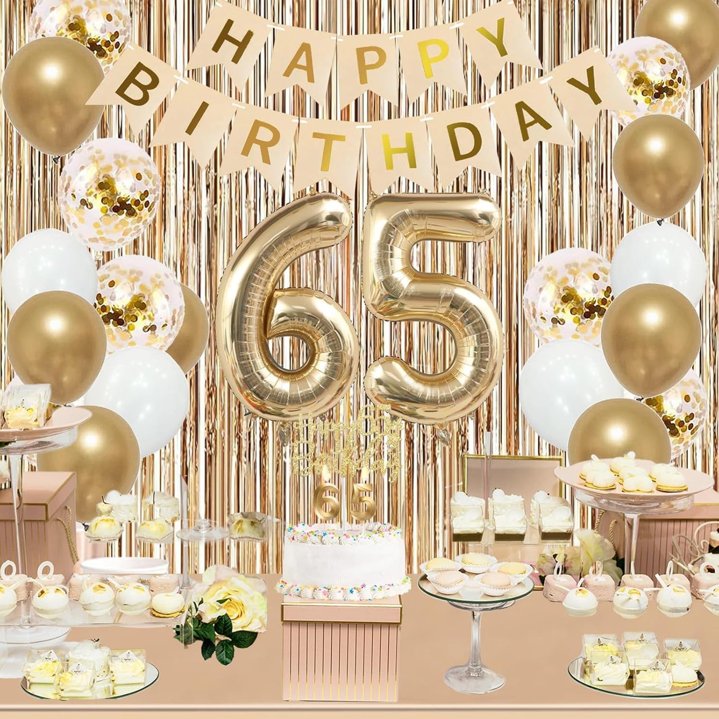 Trgowaul 65th Birthday Decorations for Women, Banner, Sash and Crown, Cake Topper, 65 Number Balloon, Fringe Curtains, Champagne Gold 65th Birthday Party Supplies
