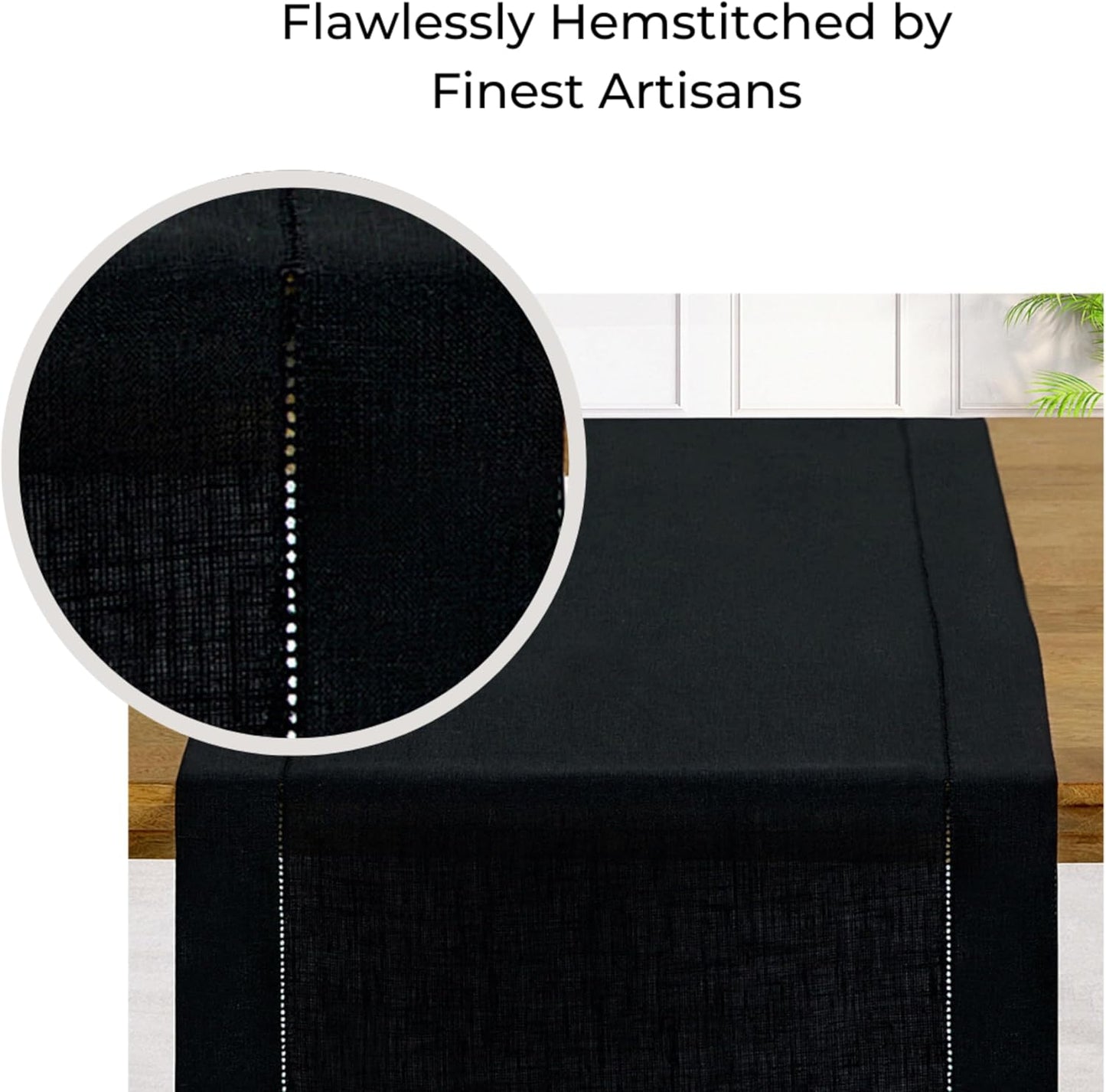 D'Moksha Homes Black Linen Table Runner 60 Inches Long - 100% Pure Linen Diamond Table Runner 14 x 60 Inch for Dining, Fall and Halloween - Machine Washable