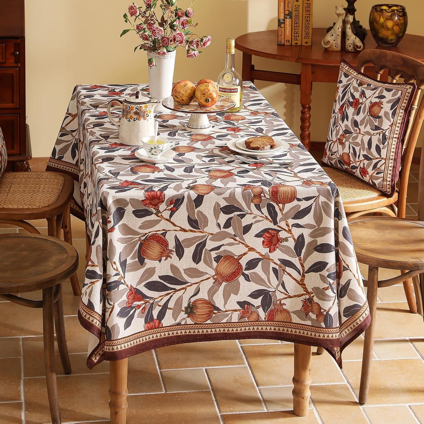 patdrea Designer Vintage Rectangle Tablecloth,Linen Pomegranates and Leaves Pattern Tablecloths,Fall Table Cover Cloth Decor for Kitchen Dining Christmas,Thanksgiving,55"x79"-Tehran a