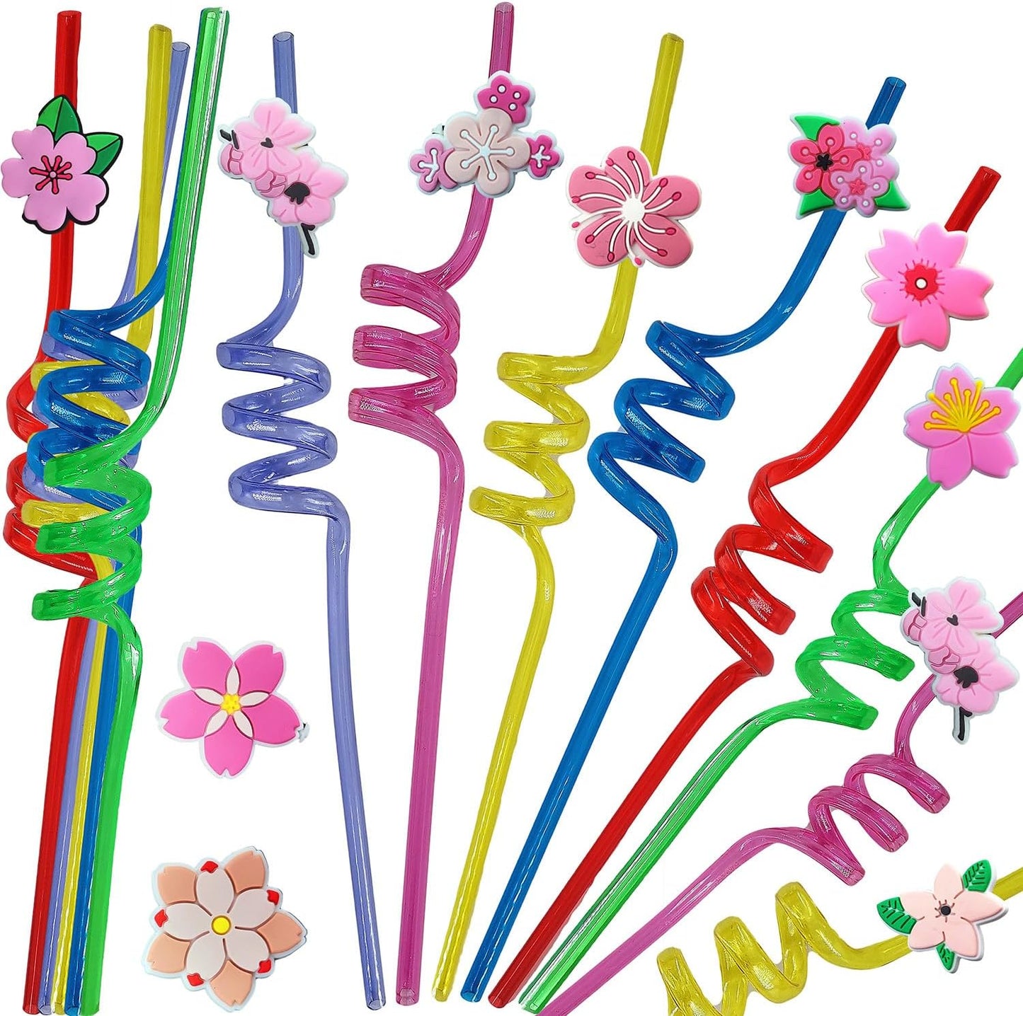 24 Bulk Flowers Reusable Plastic Straws, Drink Straws Birthday Summer Activity.Hoilday Student Show Party Supply Favors