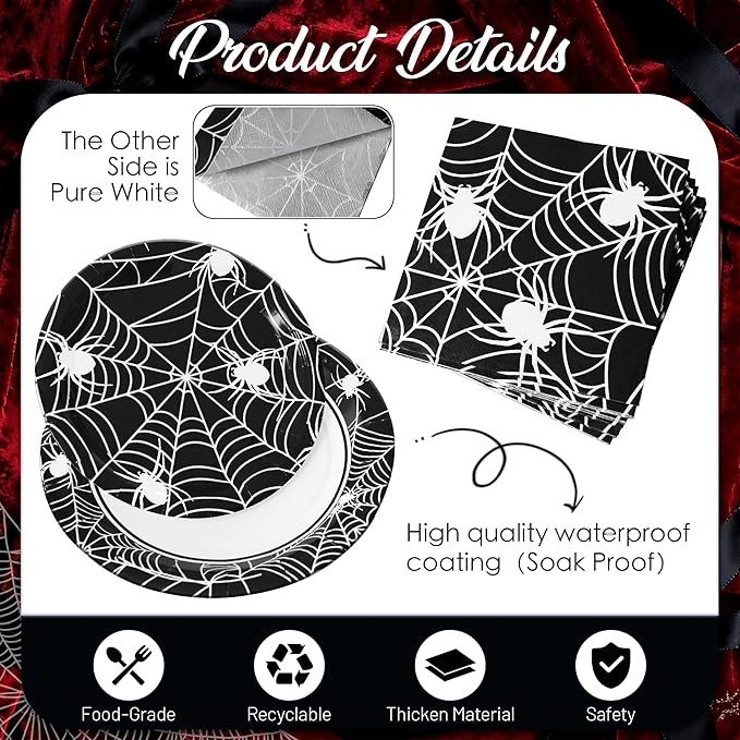 75pcs Spider Party Supplies, Disposable Paper Plates & Napkins, Tableware Decorations Favors, Including 9" & 7" Plates & Napkins for Halloween, Birthday, Parties, and Everyday Use