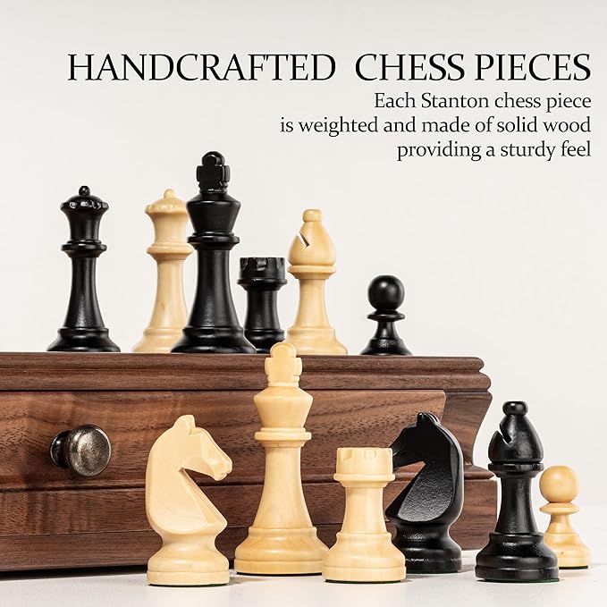 A&A 15 inch Walnut Wooden Chess Set with Storage Drawer, Triple Weighted Pieces, 3.0 inch King Height, Walnut & Maple Inlay, 2 Extra Queen, Classic 2 in 1 Chess and Checkers Board Game