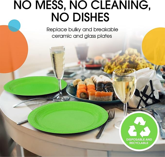 Exquisite Party Solids Lime Green Paper Plates Disposable Heavy Duty 9 Inch Lime Green Disposable Plates For Party 100 Pcs Heavy Duty 350 GSM, Birthday Supplies