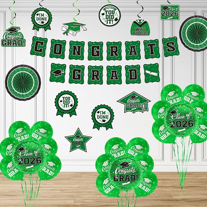 Green Themed 2026 Graduation Decorations Set - Congrats Grad Banner, Class of 2026 Backdrop, Balloons & Streamers Kit - Complete Party Supplies for High School & College Celebrations