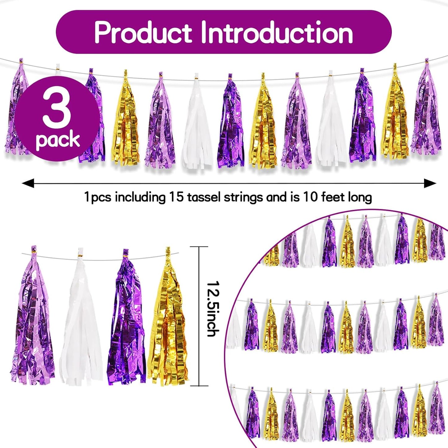 BEISHIDA 3 Packs Purple Gold White Metallic Foil Fringe Tassel Garland, Tassels Banner Streamers for Car Floats Bridal/Baby Shower Birthday Wedding Halloween Christmas Holiday Party Decoration