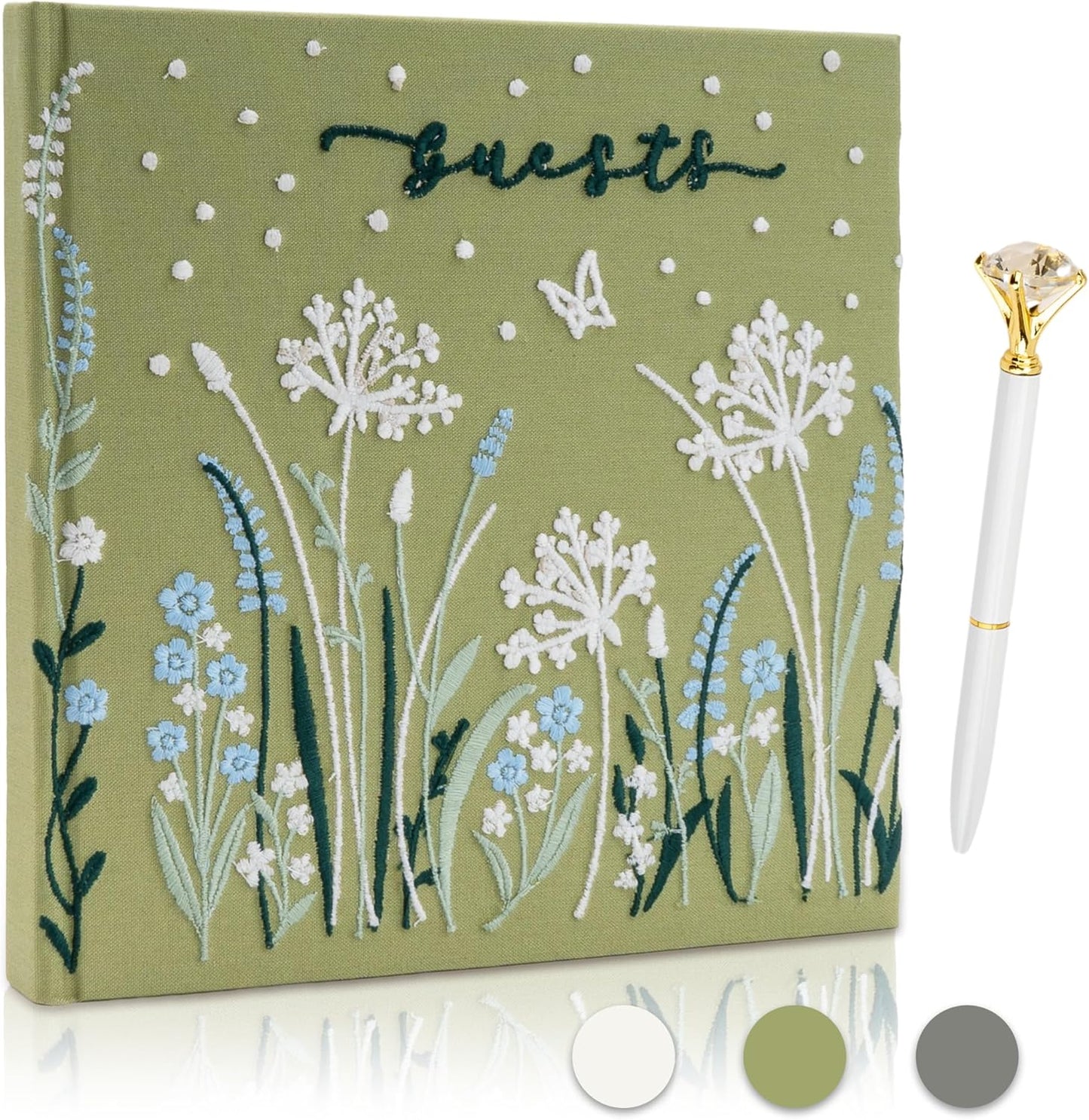 Embroidered Wedding Guest Book—The Perfect Polaroid Guest Book for Wedding Receptions, Birthdays, Baby Showers, and Special Events with 3 Photo Corner Stickers+ 3 DIY pens+1 Diamond Pen