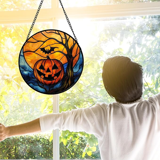 Stained Glass Window Hanging, Pumpkin Bat Moon Tree Suncatcher for Doors Home Sun Catchers Decoration and Christmas, Mother's Day Birthday Gifts for Women, Men, and Mom 6.3 in