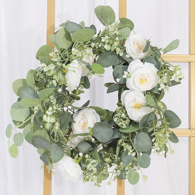 Artificial Eucalyptus Garland with Flowers White Roses 2PCS 11.8FT Faux Greenery Garland Fake Eucalyptus Leaves for Wedding Arch Farmhouse Mantle Table Runner Decor Centerpiece Home Party Decor