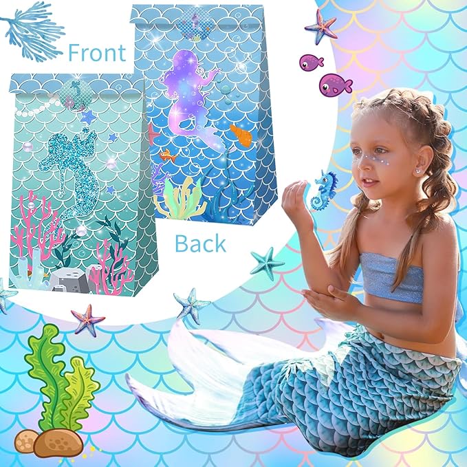 Mermaid Party Favor Bag Little Mermaid Birthday Decorations Jellyfish Seashell Gift Goodie Bags with Sticker for Girls Under the Sea Aquatic Nautical Party Summer Ocean Beach Party Supplies (12Pcs)