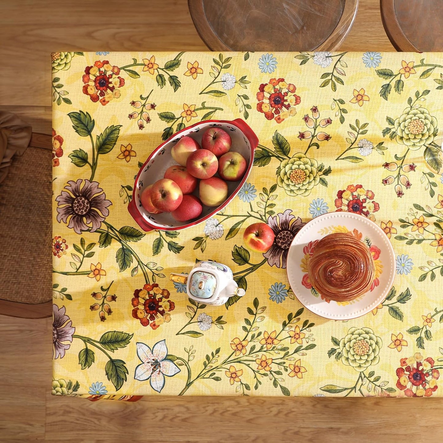 Vintage Linen Tablecloth for Rectangle Table,Yellow Floral French Wrinkle Free Extra Long Tablecloths,Decor Table Cover for Kitchen,Dining,Thanksgiving,Christmas,67"*118"-Bellano