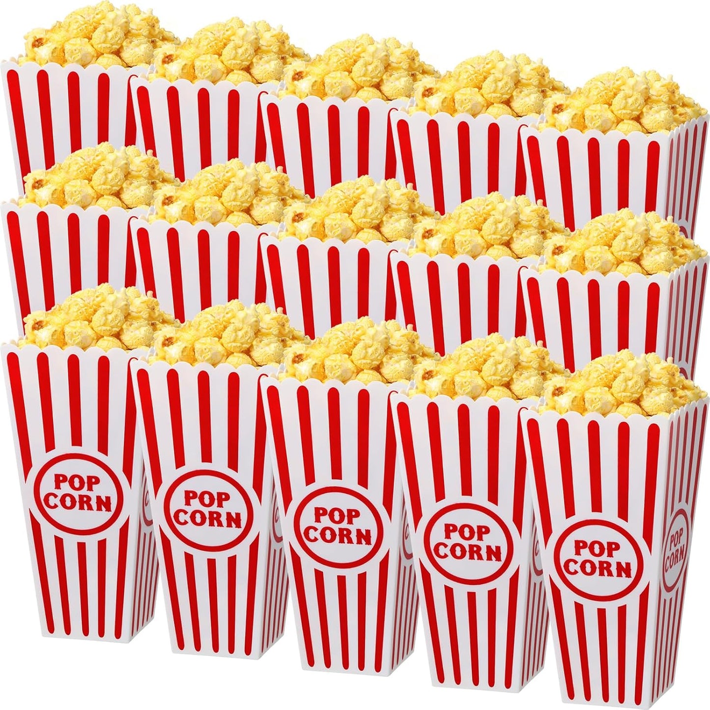 15 Pack Plastic Popcorn Boxes Red and White Striped Popcorn Buckets Bulk Reusable Open Top Containers for Movie Night, Classic Retro Style, 7.7 x 3.9 x 2.4 Inch