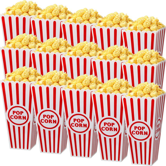 15 Pack Plastic Popcorn Boxes Red and White Striped Popcorn Buckets Bulk Reusable Open Top Containers for Movie Night, Classic Retro Style, 7.7 x 3.9 x 2.4 Inch