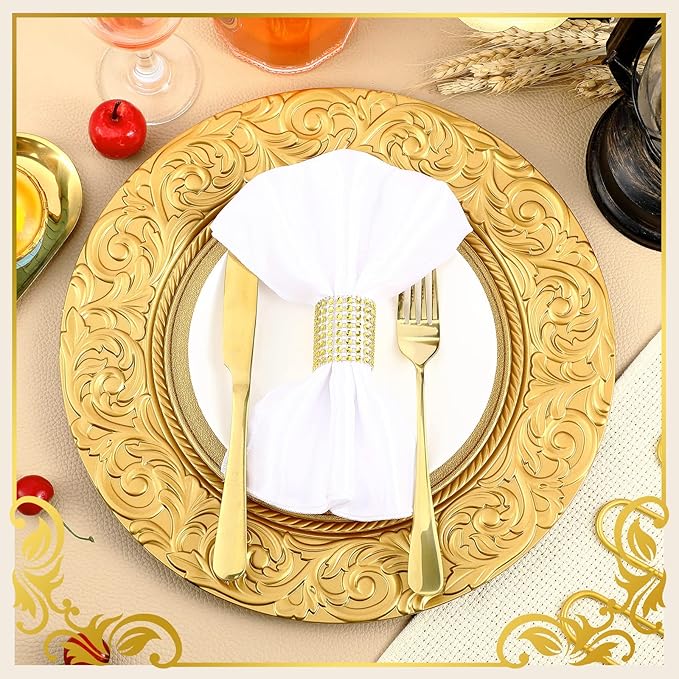 Uiifan 150 Pcs Antique Charger Plates Bulk 13'' Plastic Plate Chargers Decorative Embossed Rim Round Plates for Wedding Party Event Dinner Kitchen Table Setting Decoration (Gold)