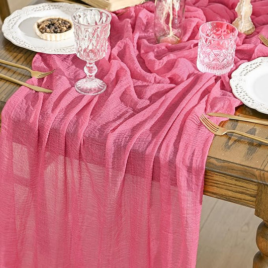 Artoid Mode Boho Cheesecloth Gauze Rose Red Wedding Table Runner, 120 Inch Seasonal Fabric Kitchen Dining Holiday Table Decor for Home Party Indoor