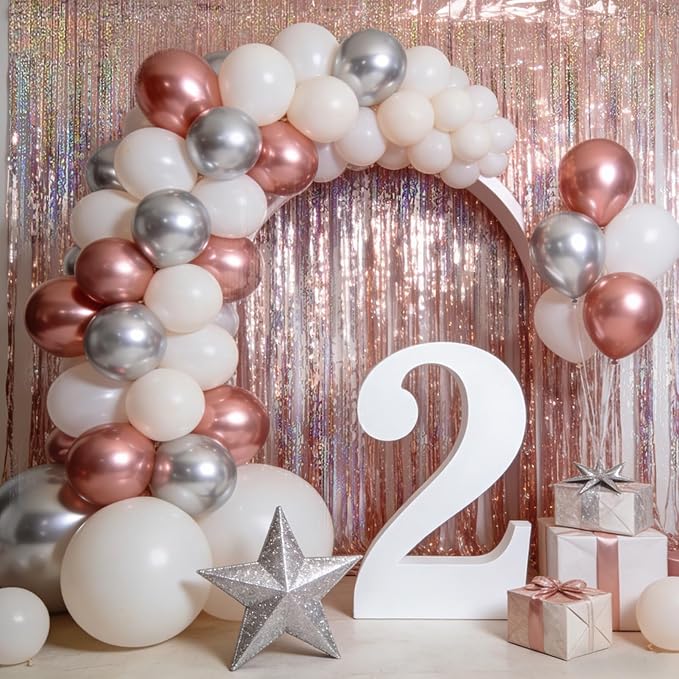 4 Packs Champagne Foil Fringe Curtain, Rose Gold Glitter Metallic Tinsel Backdrop for Birthday Wedding Bridal Baby Shower Engagement Bachelorette Party Decorations Supplies
