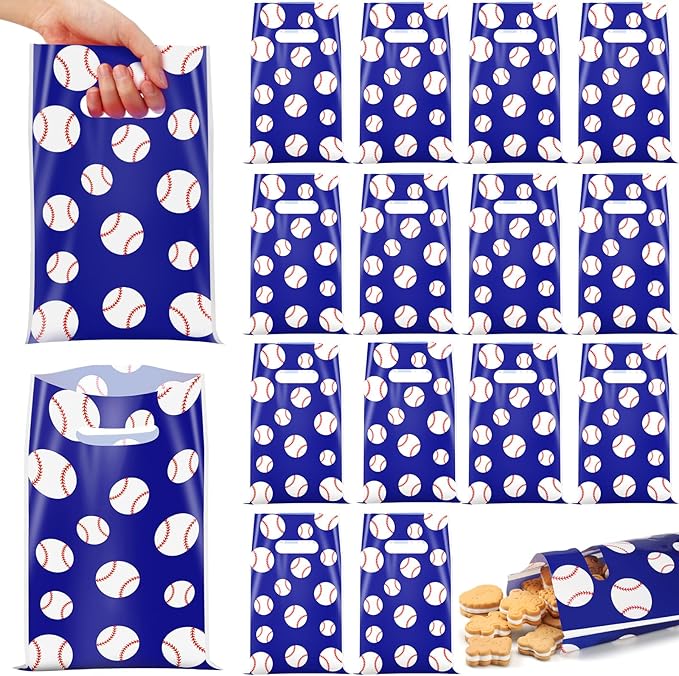 Frienda 100 Pcs Baseball Treat Bags with Handles, Blue White Plastic Baseball Party Favors Bag Baseballs Snacks Bags for Candy Small Gifts, Team Events Birthday and Sports Celebrations Decorations
