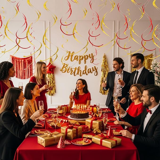 BEISHIDA Red Gold Hanging Swirls Party Decorations Plastic Streamer for Retirement Party Ceiling, Birthday New Year Graduation Wedding Hanging Party Supplies, Pack of 20