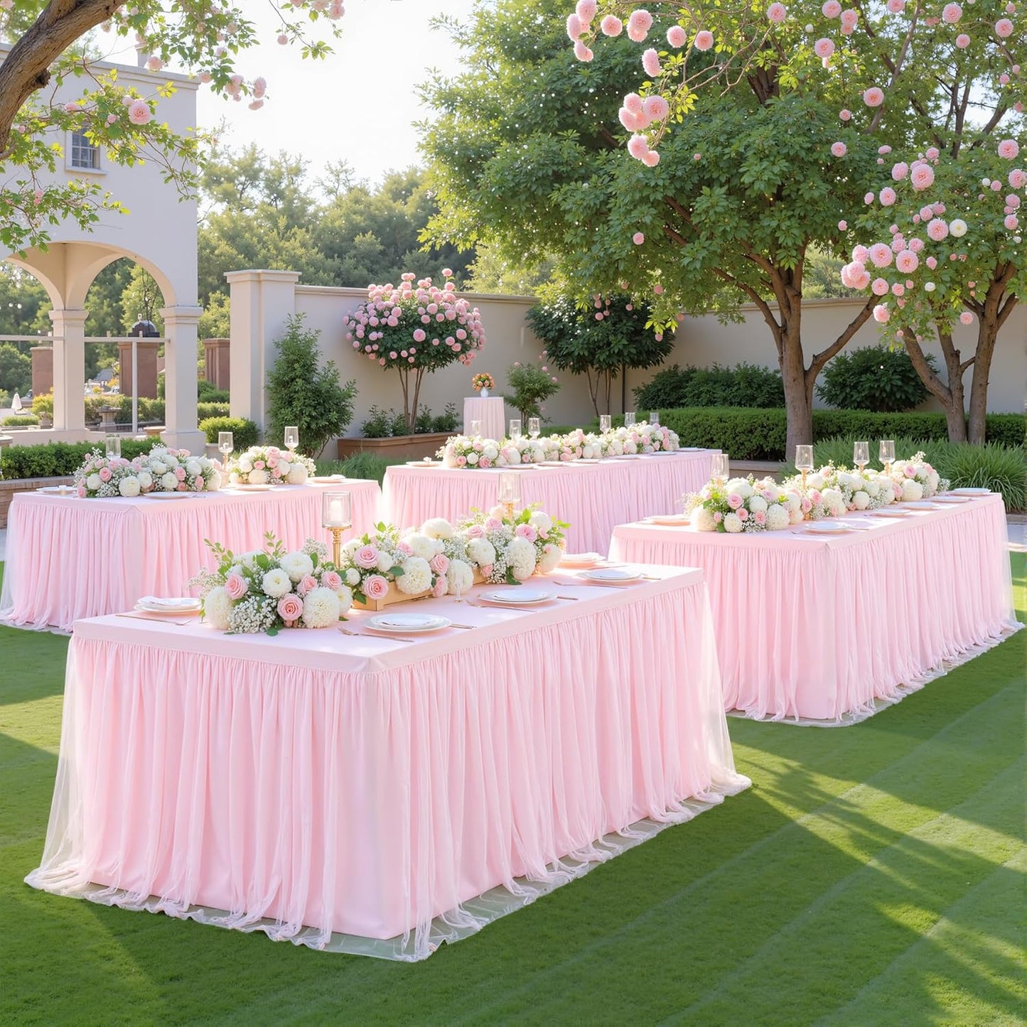 Suppromo Pink Tulle Tablecloth for 4 Foot Rectangular Tables, 48 x 24 Inch White Rectangle Table Cloth, Wrinkle Free Table Cover with Tutu Skirt for Wedding Birthday Party Banquet Tablecover