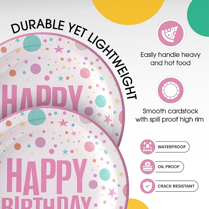 Exquisite Pink Happy Birthday Plates 9" Birthday Paper Plates 100 Pcs Pink Party Plate | Disposable Heavy Duty 350 Gsm Disposable Plate For Party Supplies And Decorations
