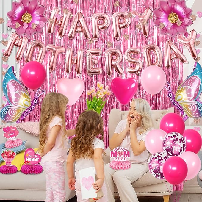 Mothers Day Decorations,63PCS Happy Mothers Day Balloons and Flower Heart Balloons,Fringe Curtains,Best Mom Ever Honeycomb Centerpieces for Girls Women Mom Party Supplies Celebrating Ladies Decor