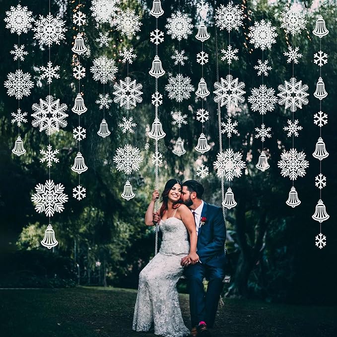 40Ft Snowflakes Party Decoration White Snowflakes Bell Garland Glitter White Paper Big Snowflakes Hanging Streamer Backdrop for Winter Wonderland Christmas Holiday Birthday Home Window Wall Room Decor