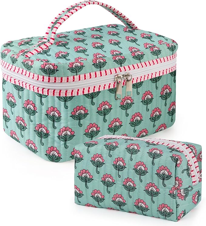 2Pcs Quilted Makeup Bag Set, Floral Boho Toiletry Bag Travel Essentials Gifts for Women Girls, Cute Flower Cosmetic Organizer Pouch Make Up Bags for Travel Bachelorette Party Favors (Pink - Ice Green)