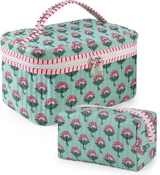 2Pcs Quilted Makeup Bag Set, Floral Boho Toiletry Bag Travel Essentials Gifts for Women Girls, Cute Flower Cosmetic Organizer Pouch Make Up Bags for Travel Bachelorette Party Favors (Pink - Ice Green)