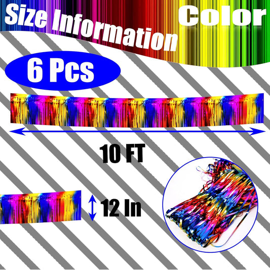 6 Pack 10 Feet Foil Fringe Garland Metallic Tinsel Streamers Banner Wall Hanging Curtain Backdrop Banner for Parade Floats, Thanksgiving, Christmas, Birthday, Halloween Party Decorations(Rainbow)